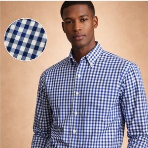 Esquire Slim Fit Blue Gingham Button Down Shirt 17.5 36